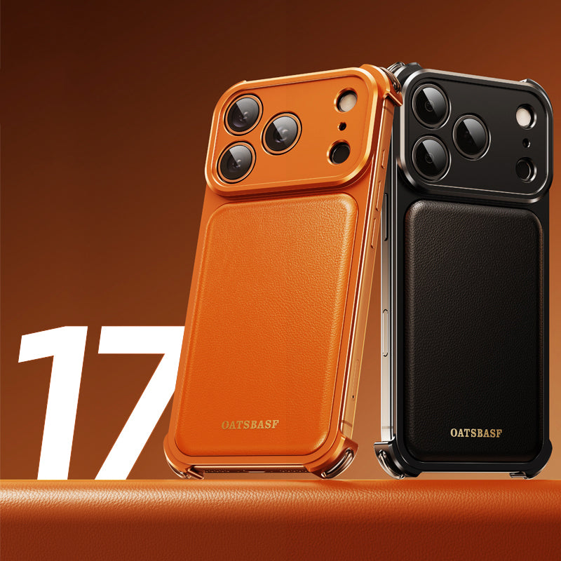 Oatsbasf Armour MagSafe Aluminum Bumper Genuine Leather Air Cushion Shockproof Case Cover