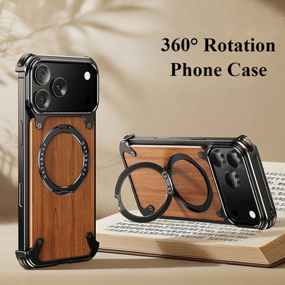 Oatsbasf MagSafe Pivot Ring Stand Air Cushion Metal + Walnut Wood Back Case Cover