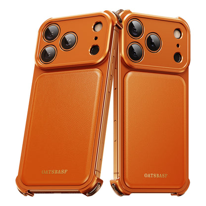 Oatsbasf Armour MagSafe Aluminum Bumper Genuine Leather Air Cushion Shockproof Case Cover