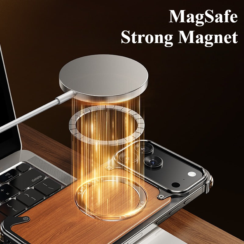 Oatsbasf MagSafe Pivot Ring Stand Air Cushion Metal + Walnut Wood Back Case Cover
