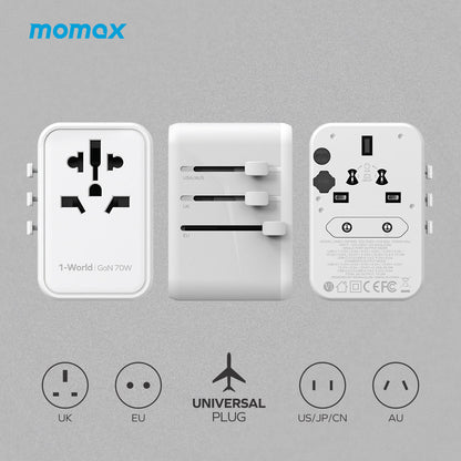 MOMAX 1-World PD 70W GaN 5-Port + AC Charger Universal Travel Adapter