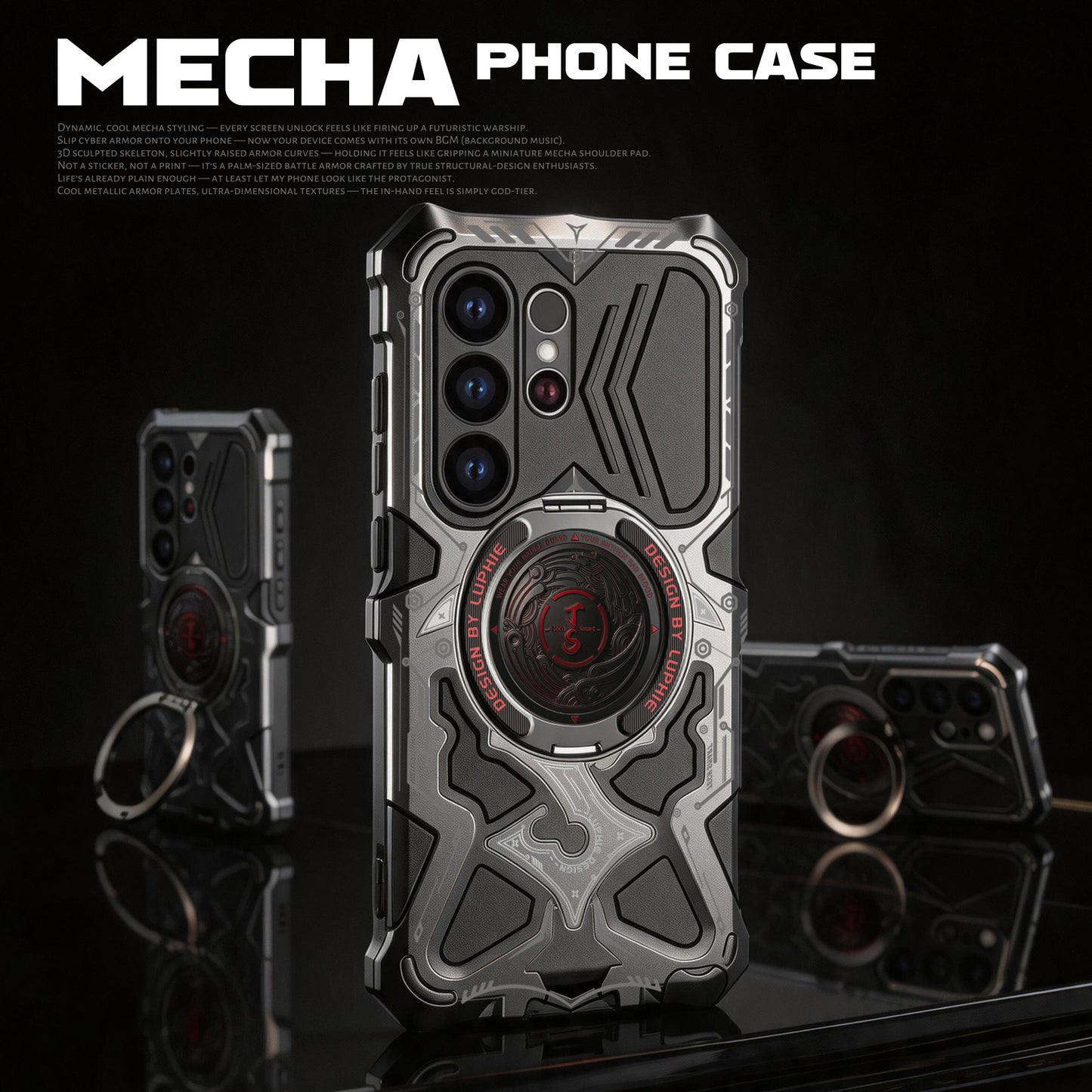 Luphie TS Water-resistant Shockproof Heavy Duty Mecha Metal Case Cover with MagSafe Pivot Ring Stand