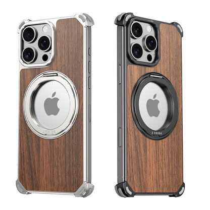 Armor King Yamu MagSafe Pivot Ring Stand Walnut Wood + Metal Case Cover