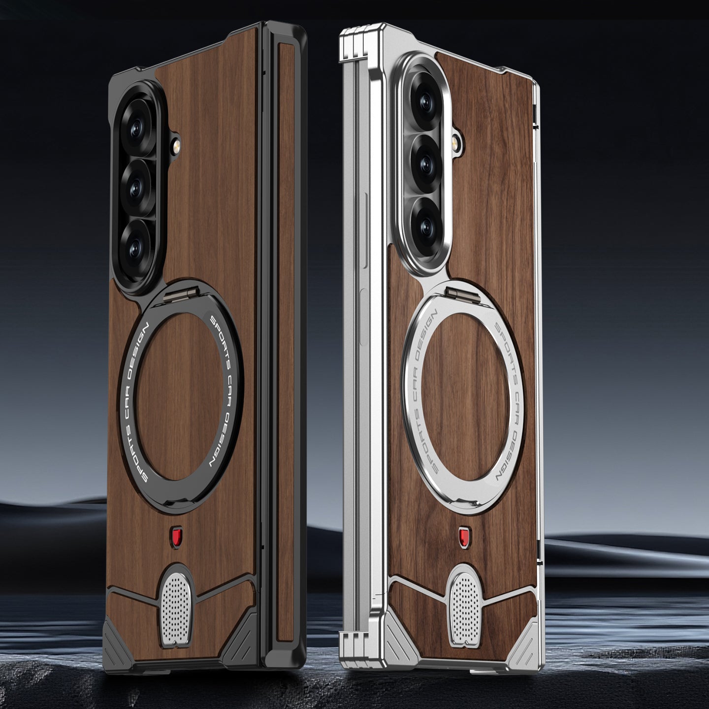 Armor King Hypercar MagSafe Pivot Ring Stand Elastic Buckle Metal+Walnut Texture Back Case Cover