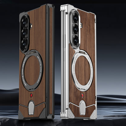 Armor King Hypercar MagSafe Pivot Ring Stand Elastic Buckle Metal+Walnut Texture Back Case Cover