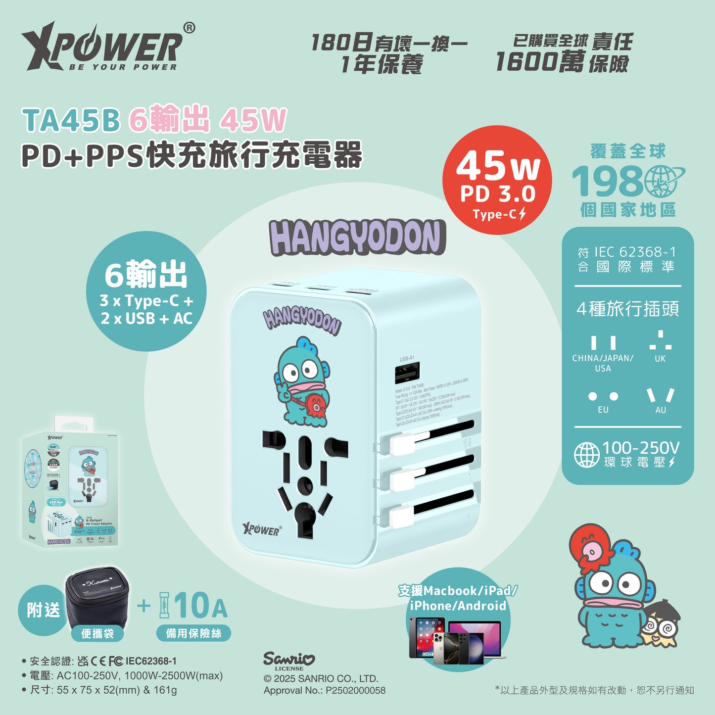 XPower x Sanrio 45W 6-Output PD 3.0/PPS Travel Adapter Universal Plug