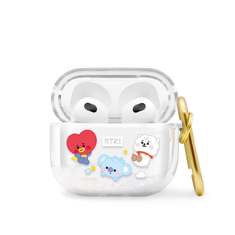 GARMMA BT21 Glitter Quicksand Apple AirPods Case Cover with Carabiner Clip