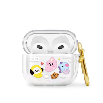 GARMMA BT21 Glitter Quicksand Apple AirPods Case Cover with Carabiner Clip