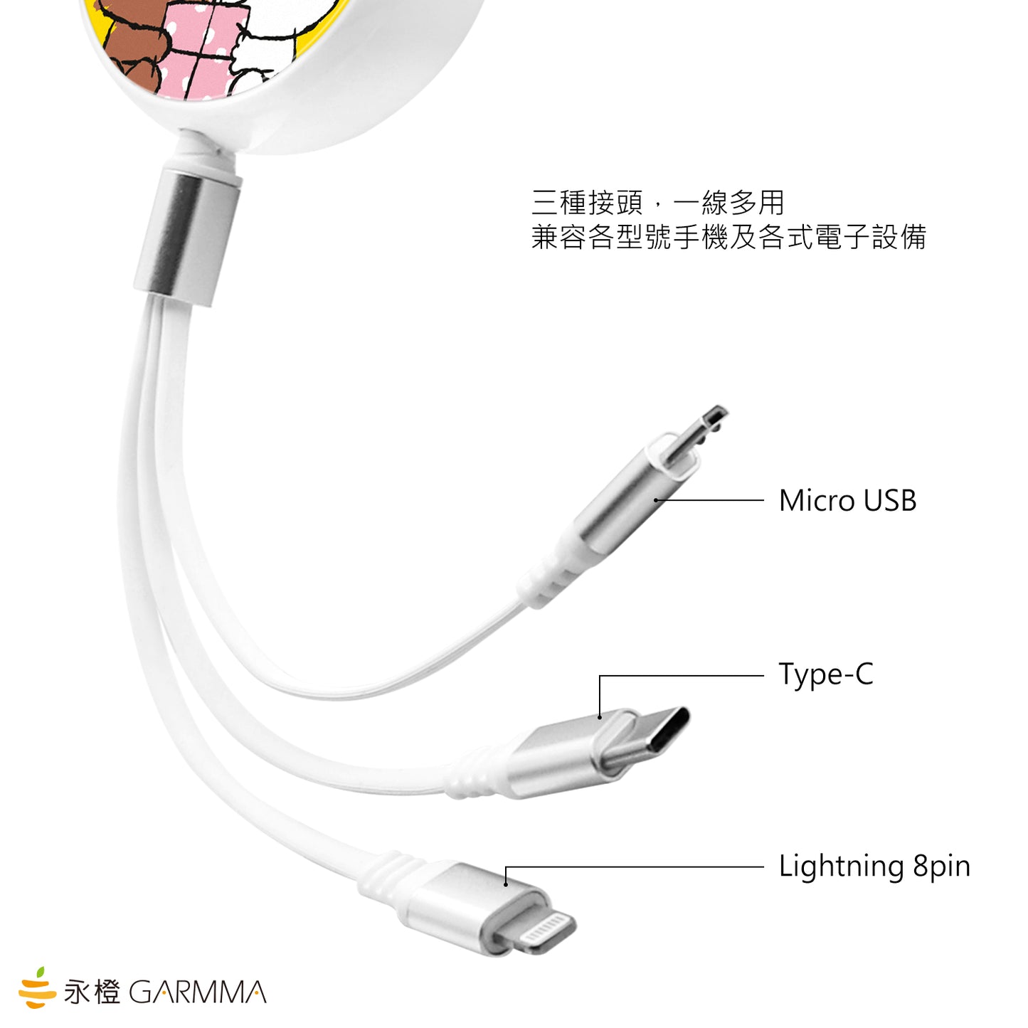 GARMMA Line Friends 3-in-1 Lightning+Type-C+Micro USB Cable