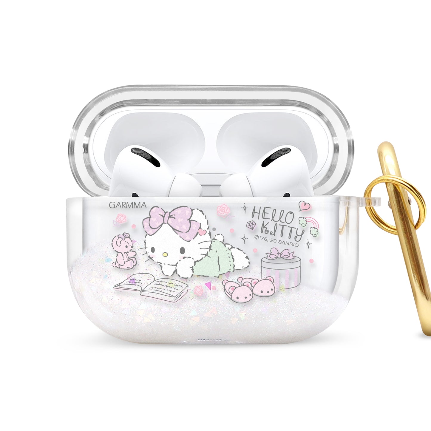 GARMMA Hello Kitty Glitter Quicksand Apple AirPods 2/1 Charging Case Cover with Carabiner Clip