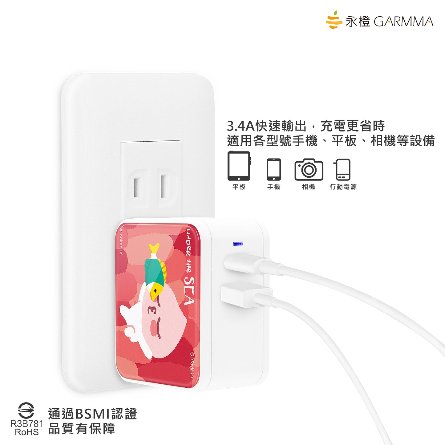 GARMMA Kakao Friends Type-C+USB 3.4A Quick Charge Foldable Travel Charger